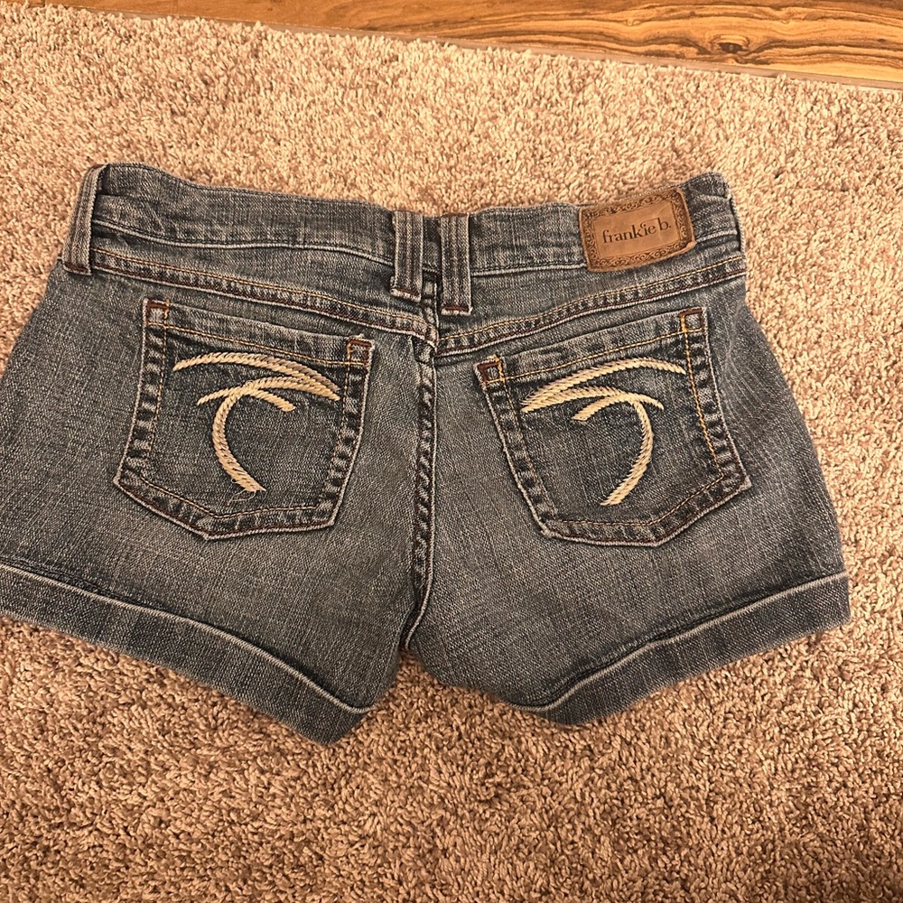 Frankie B. Blue Denim Shorts with Palm Embroidery